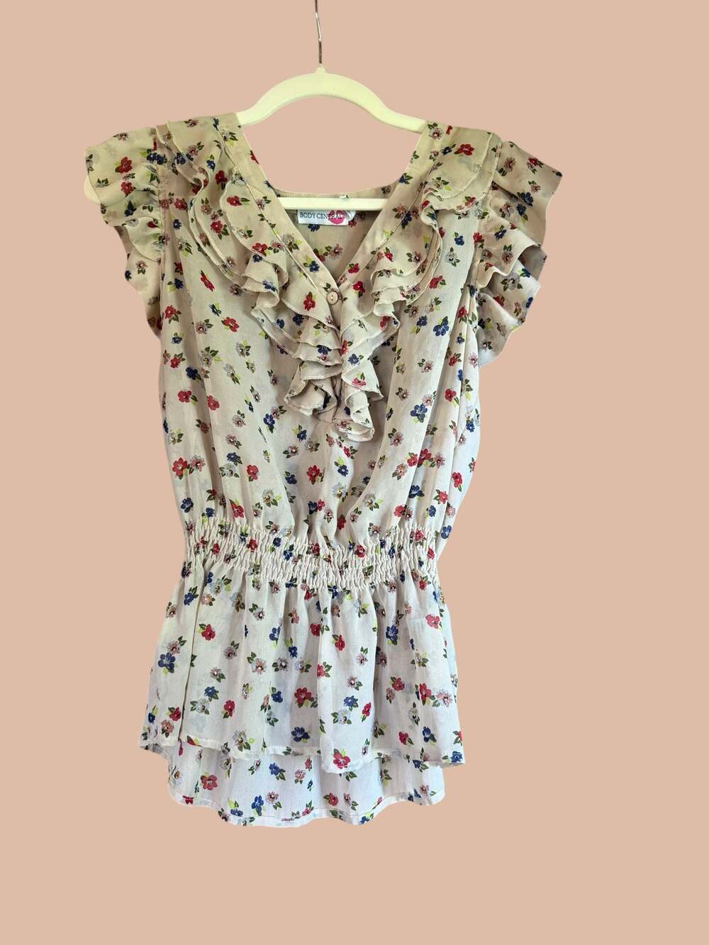 Body Central Floral Print Ruffled Cap Sleeve Smocked Waist Blouse